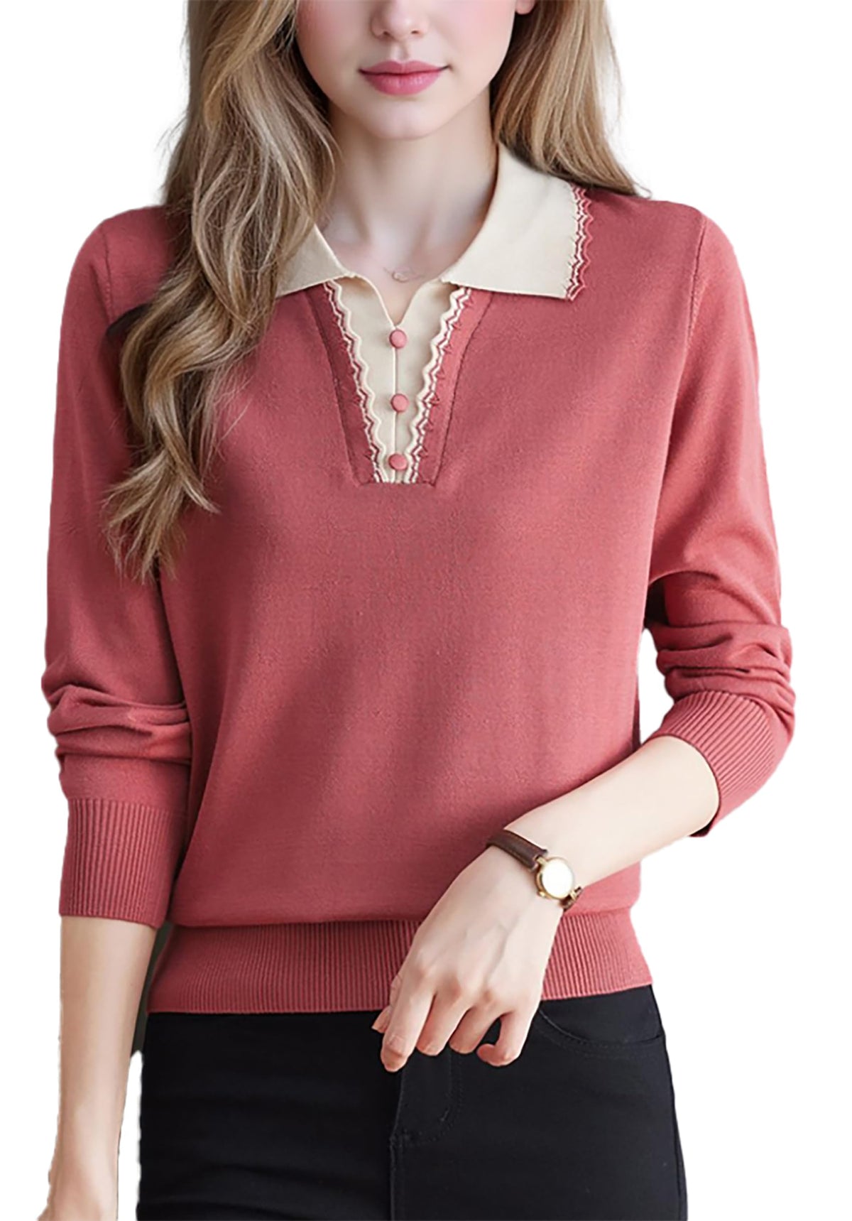 Women's Vintage Knit Top – Contrast Collar & Scalloped V-Neck