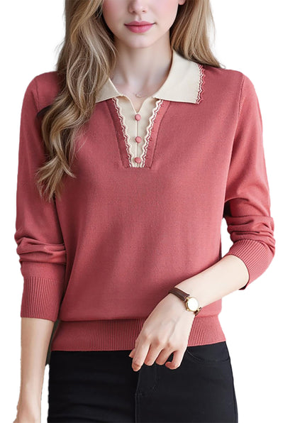 Women's Vintage Knit Top – Contrast Collar & Scalloped V-Neck
