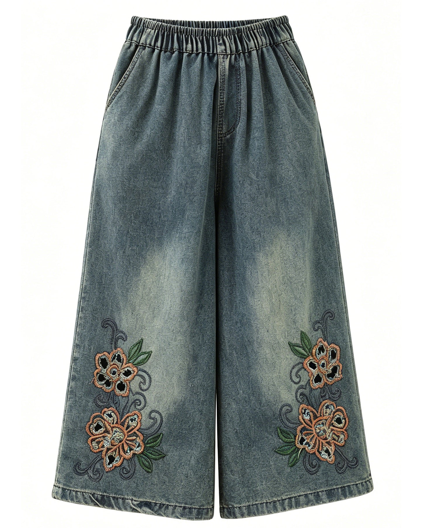 Embroidered Elastic Waist Cropped Jeans – Floral Edition