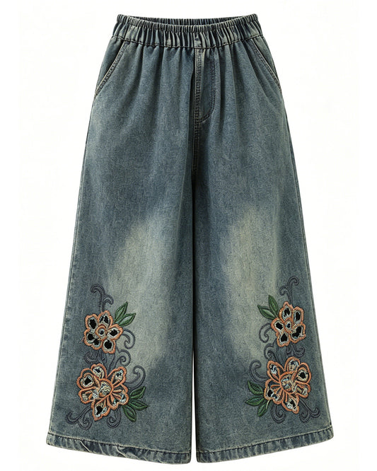 Embroidered Elastic Waist Cropped Jeans – Floral Edition