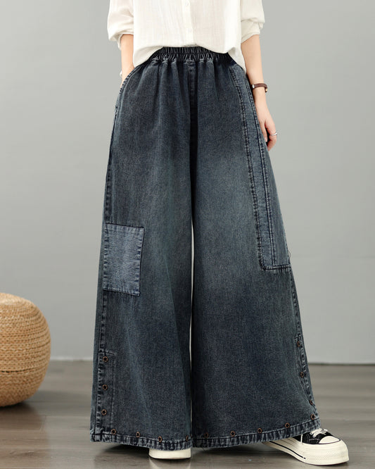 28667-Vintage Denim Wide-Leg Pants with Buttons Trim & Patch Pockets