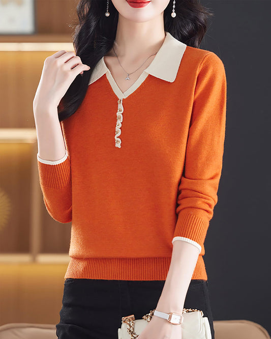 Women's Contrast-Collar Knit Top — Faux Button Placket