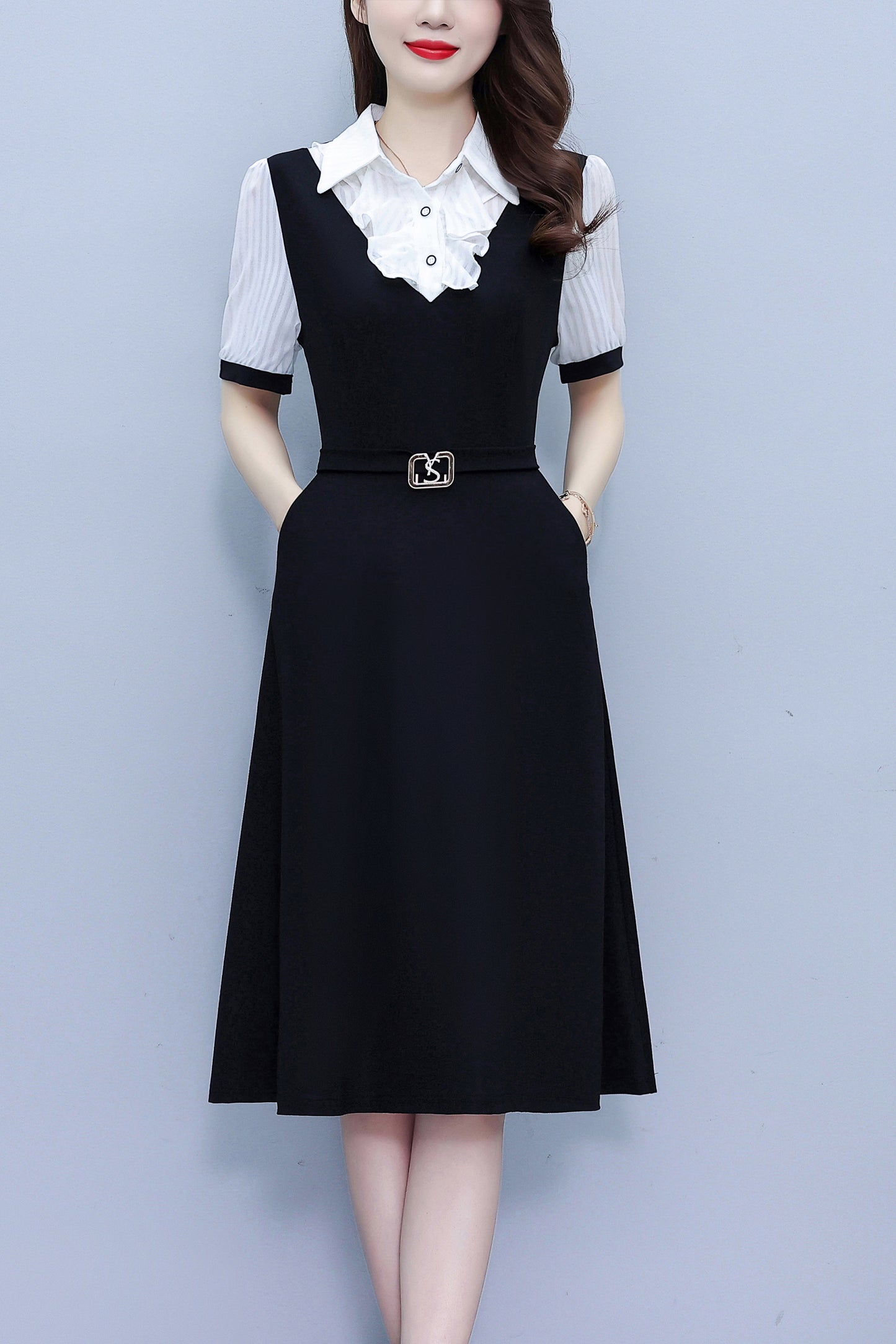Women's Lapel V-Neck Pocket Short Sleeve Midi Dress - LAI MENG FIVE CATS