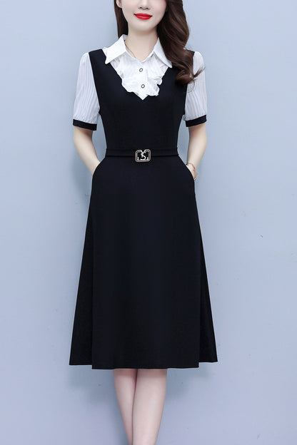 Women's Lapel V-Neck Pocket Short Sleeve Midi Dress - LAI MENG FIVE CATS