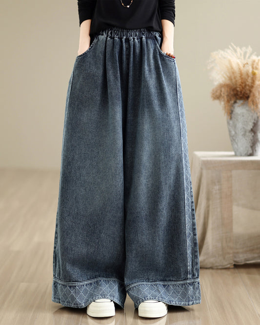 28666-Vintage Denim Wide Leg Palazzo Pants with Elastic Waist & Pockets