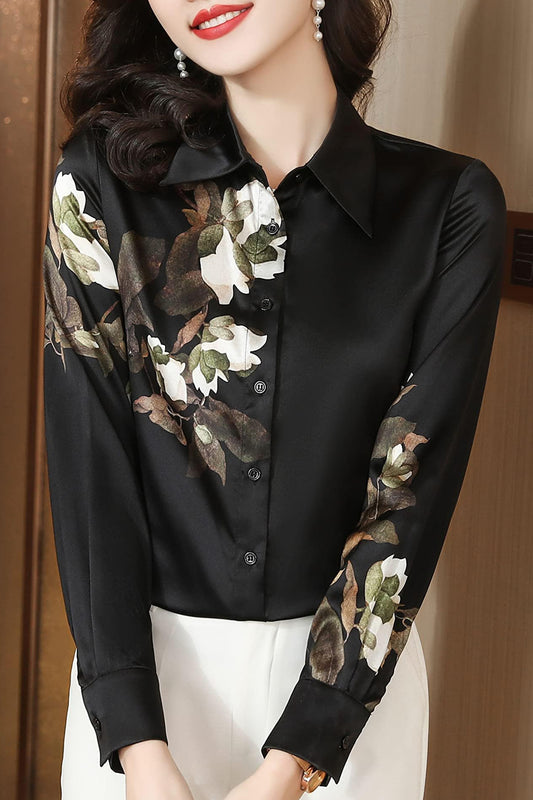 BK-Shirt Floral Print Long Sleeve Button Blouse