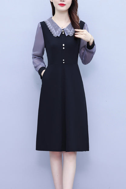 Women's Peter Pan Collar Long Sleeve Pocket Midi Dress