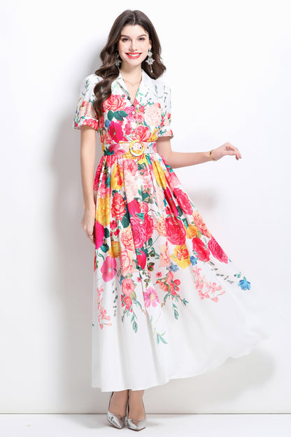 Women's V-Neck Floral Print Short Sleeve Maxi Dress