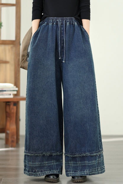 Women's Denim Wide Leg Baggy Jeans Drawstring Waist Pants - LAI MENG FIVE CATS