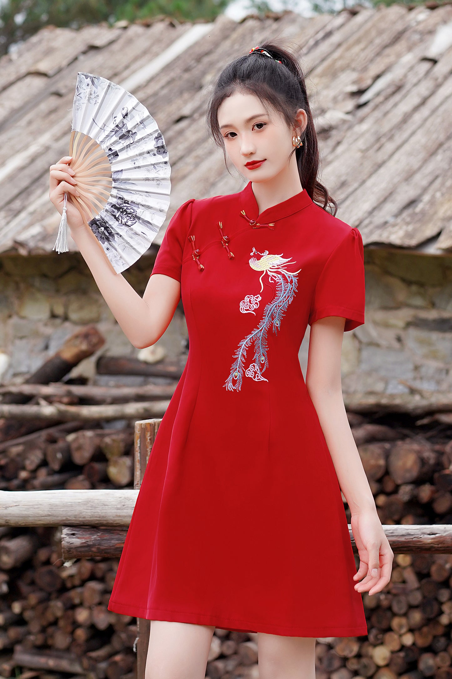 Women's Chinese Cheongsam Embroidery Mini Red Dress