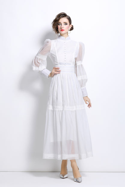 Princess Puff Sleeves Layered Hem Maxi Dress