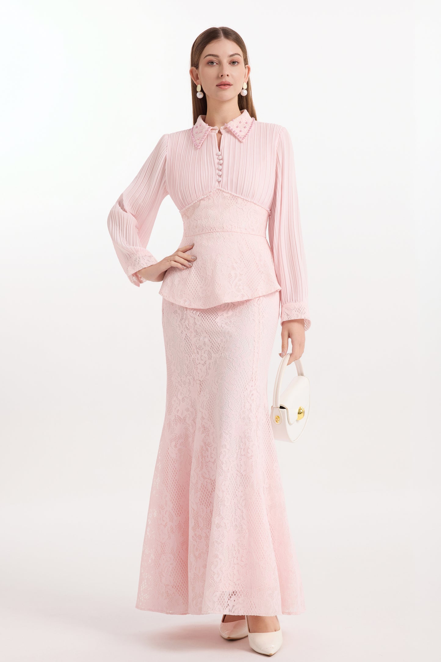 Lace Pearl Top Fishtail Skirt Two-Piece Lace Maxi Set - LAI MENG FIVE CATS