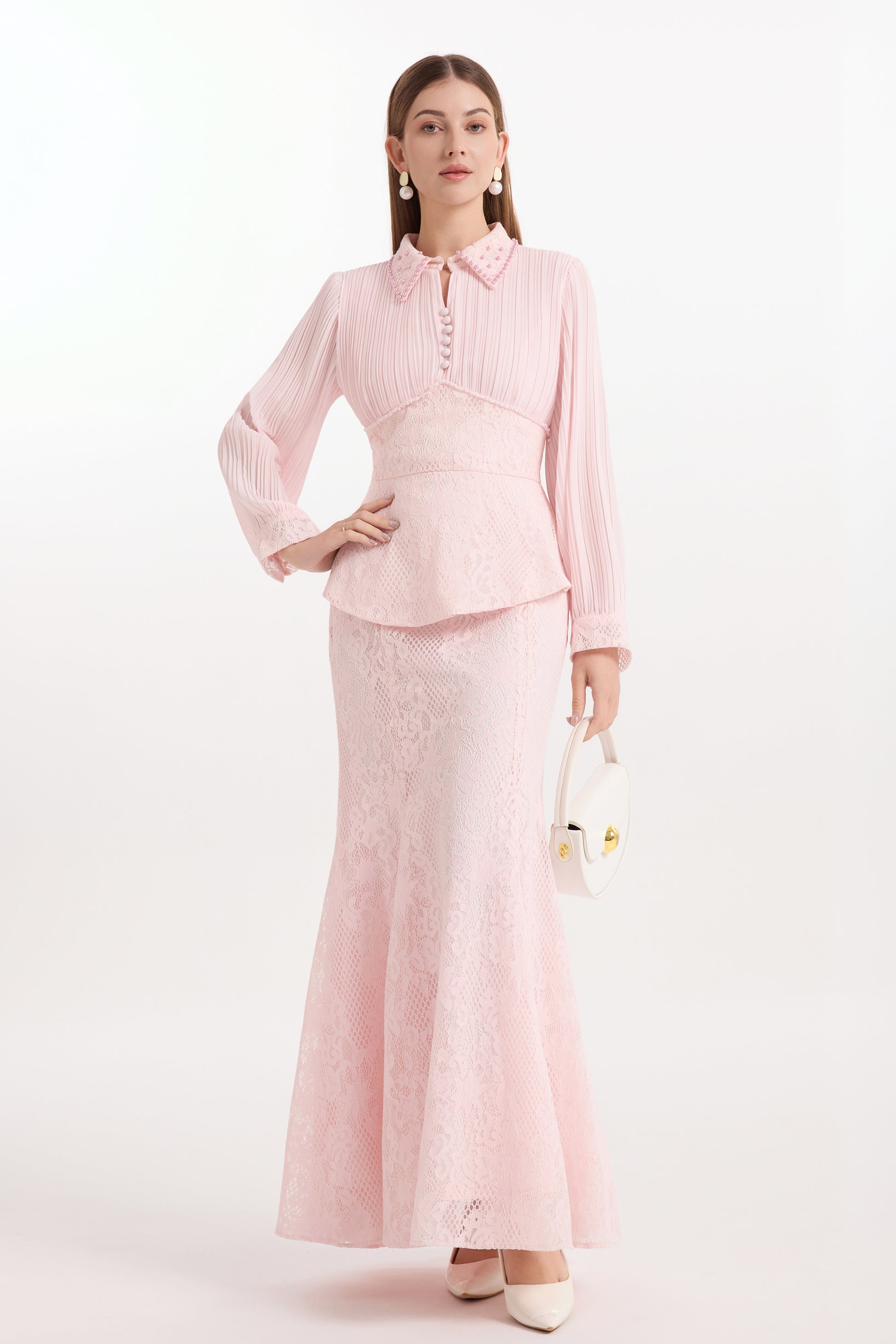 Lace Pearl Top Fishtail Skirt Two-Piece Lace Maxi Set - LAI MENG FIVE CATS