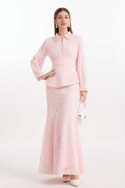 Lace Pearl Top Fishtail Skirt Two-Piece Lace Maxi Set - LAI MENG FIVE CATS