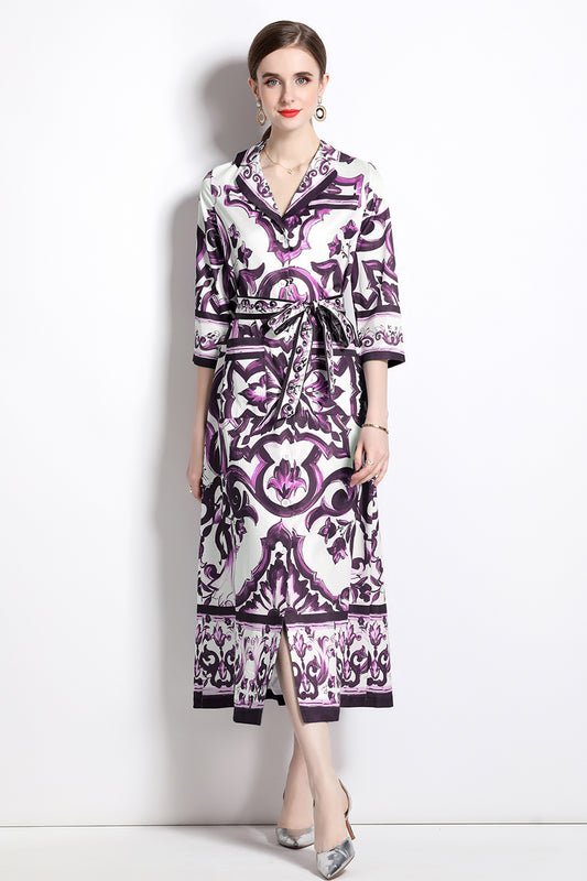 Women's V-Neck Floral Print Split Midi Dress