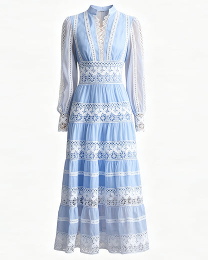 Women's Blue V-Neck Boho Chic Lace Tiered Maxi Dress
