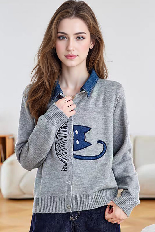 Women's Sweater Cardigan 2 in 1 Lapel Button Knit