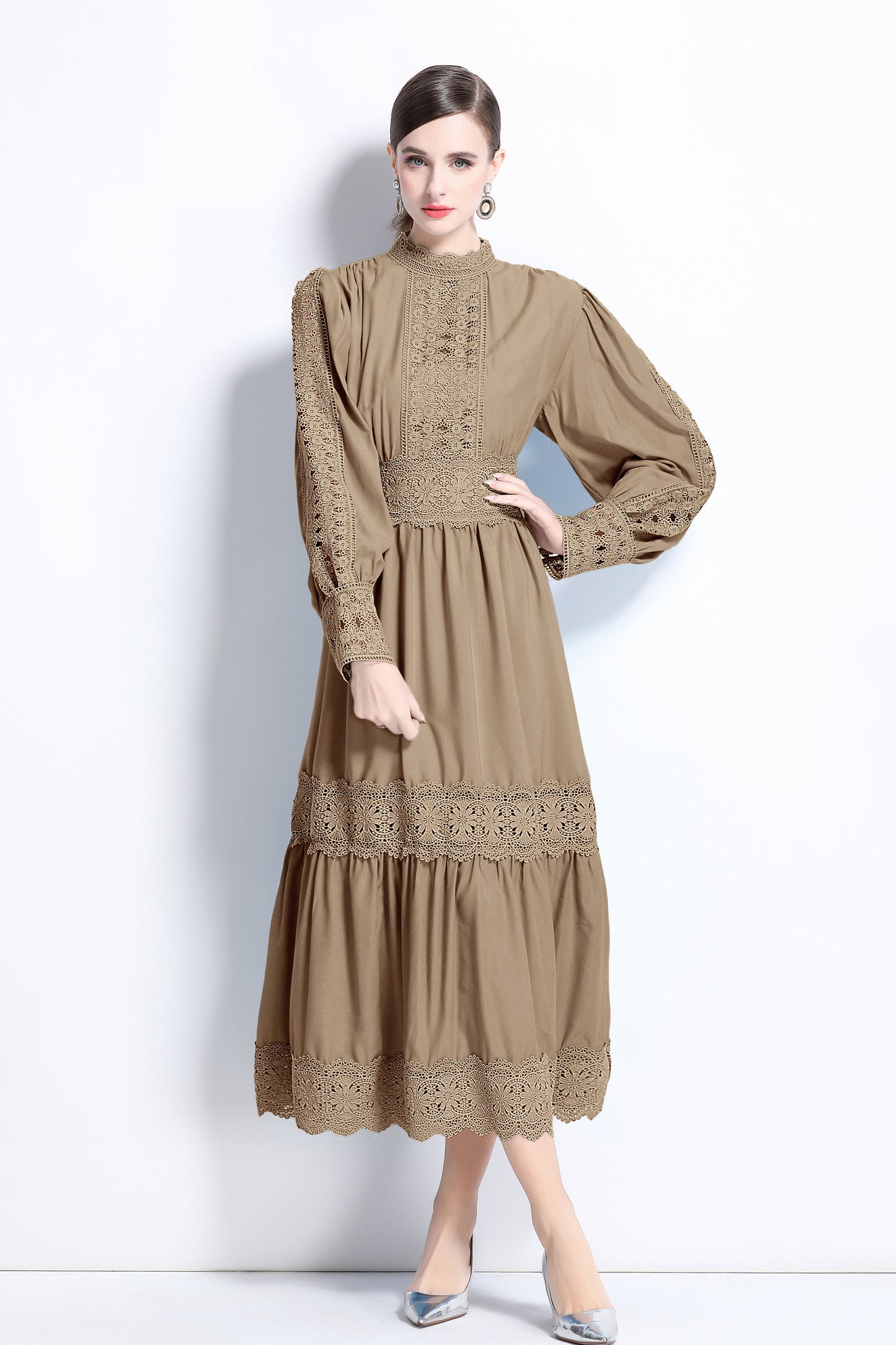 Women's lace Puff sleeve solid color maxi dress