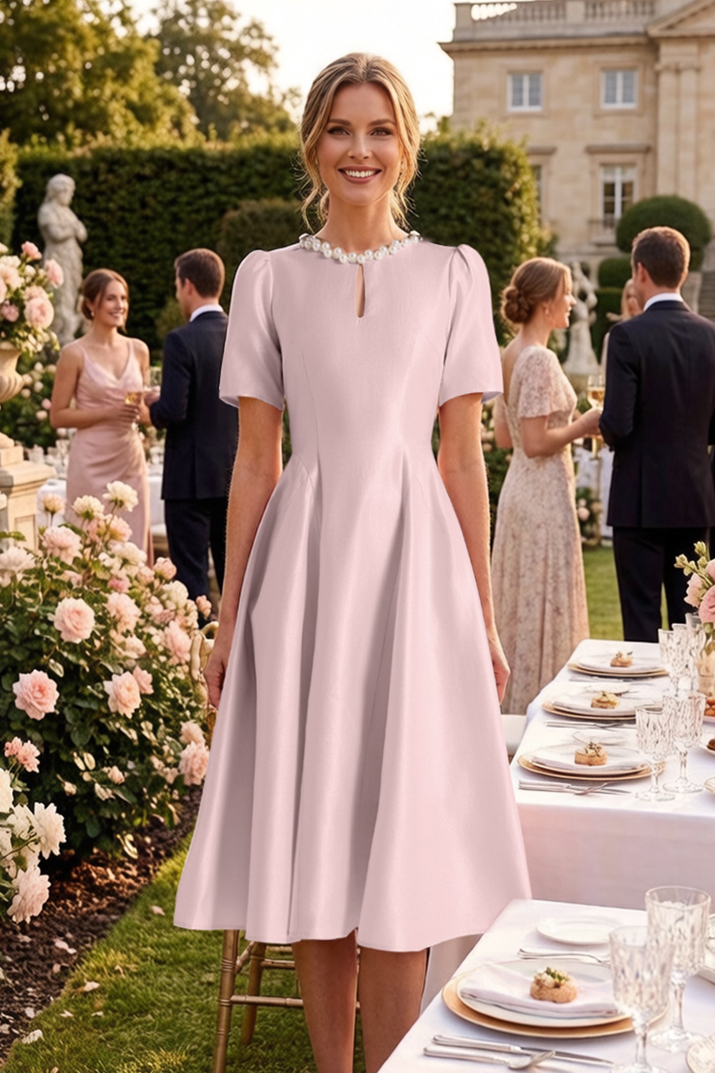 Elegant Pearl-Trim A-Line Midi Dress - LAI MENG FIVE CATS