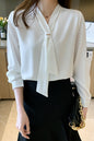 Women's Silk Satin Shirt Tie Neck Long Sleeve Blouse - LAI MENG FIVE CATS