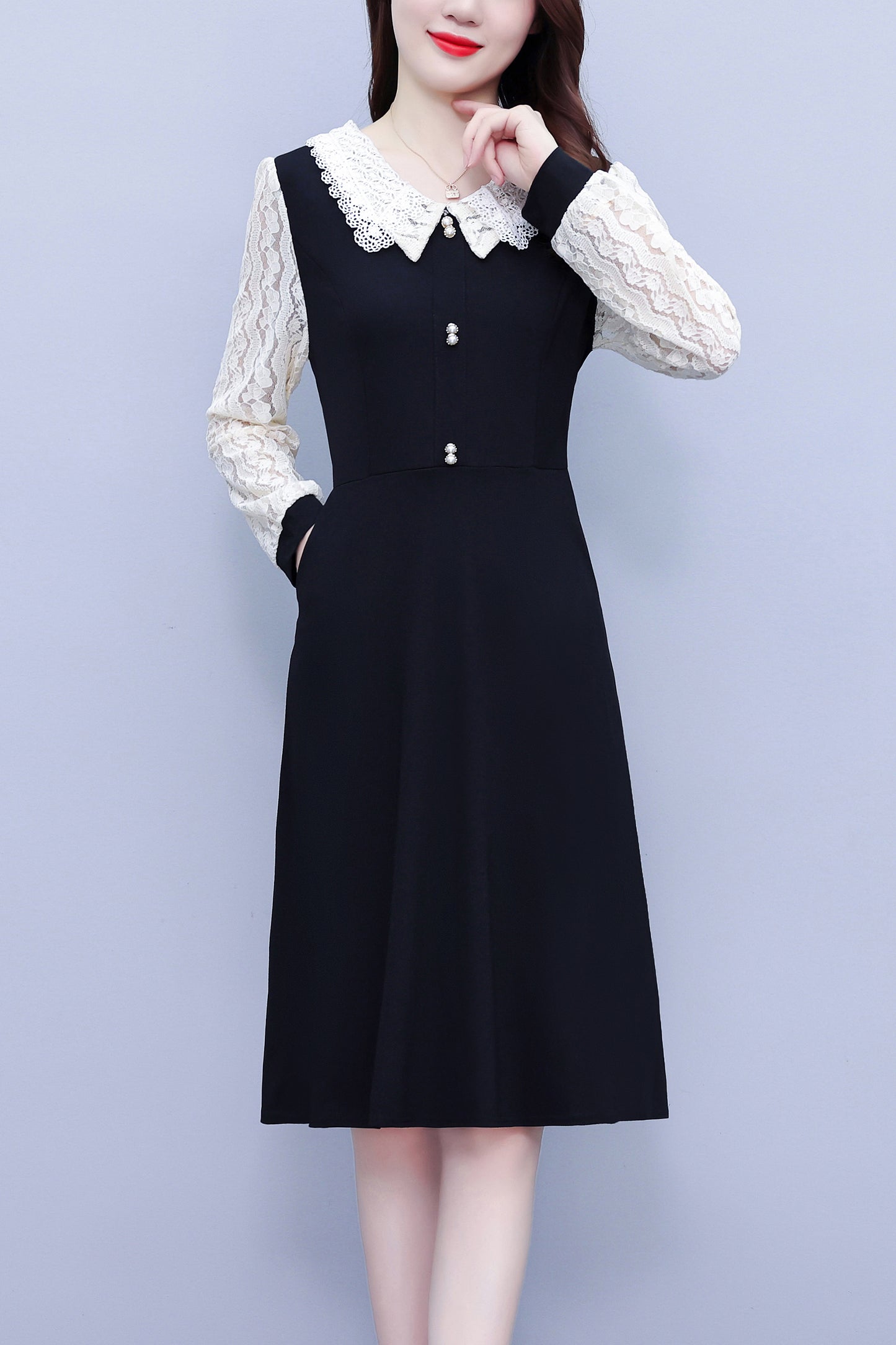 Women's Peter Pan Collar Long Sleeve Pocket Midi Dress