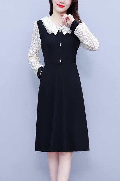 Women's Peter Pan Collar Long Sleeve Pocket Midi Dress