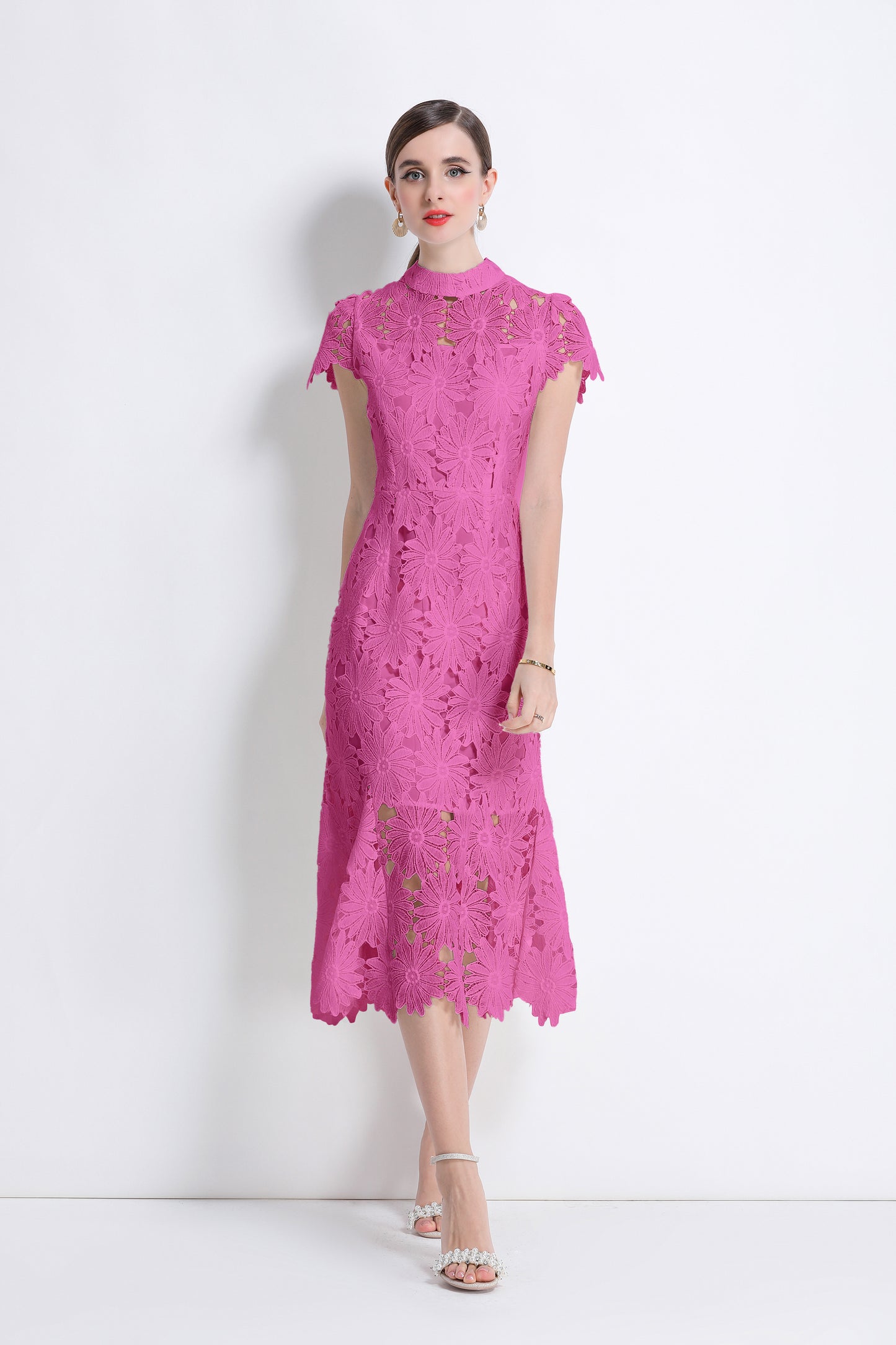 Women Hollow Out Lace Floral Fishtail Midi Dress