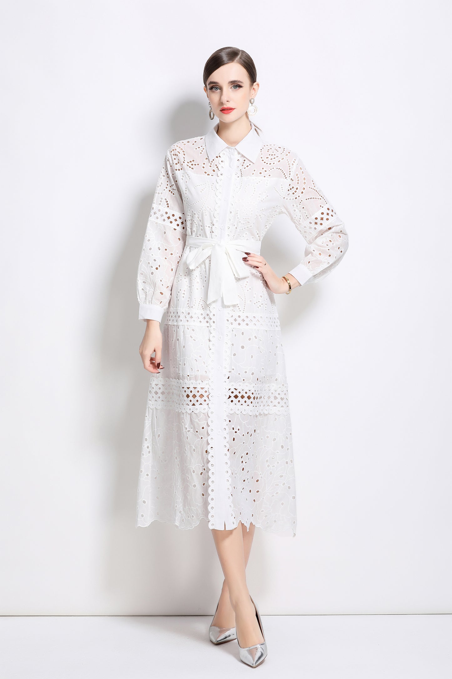 Puff Sleeves Shirt Collar Midi Dress