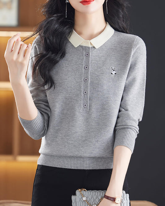 Polo Layered Knit Top with Bunny Embroidery & Contrast Collar