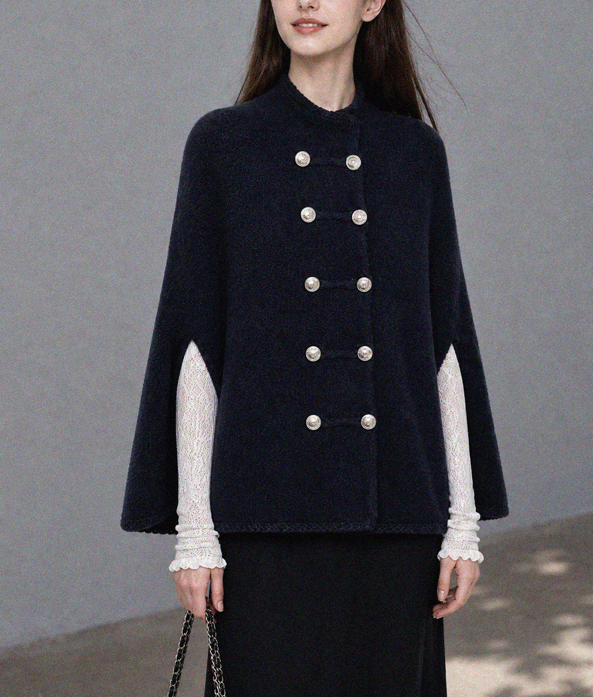 28695-Women's Knit Cape Coat – Navy & Camel