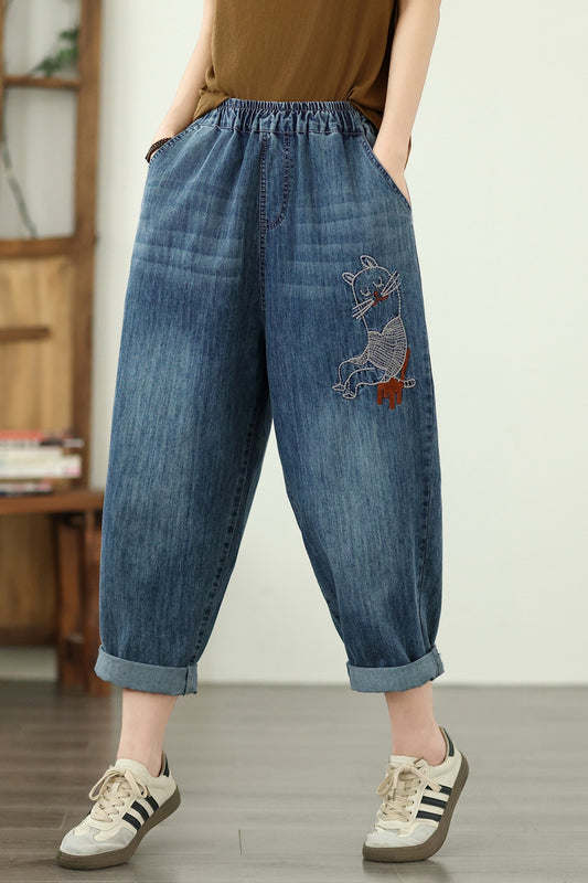 Women's Jeans Denim Loose Pants Elastic Waist