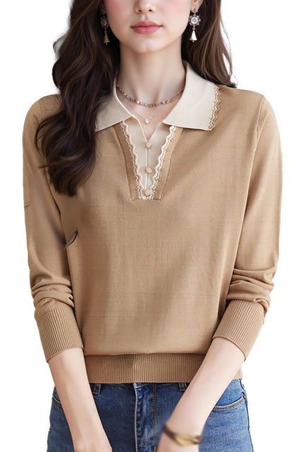 Women's Vintage Knit Top – Contrast Collar & Scalloped V-Neck