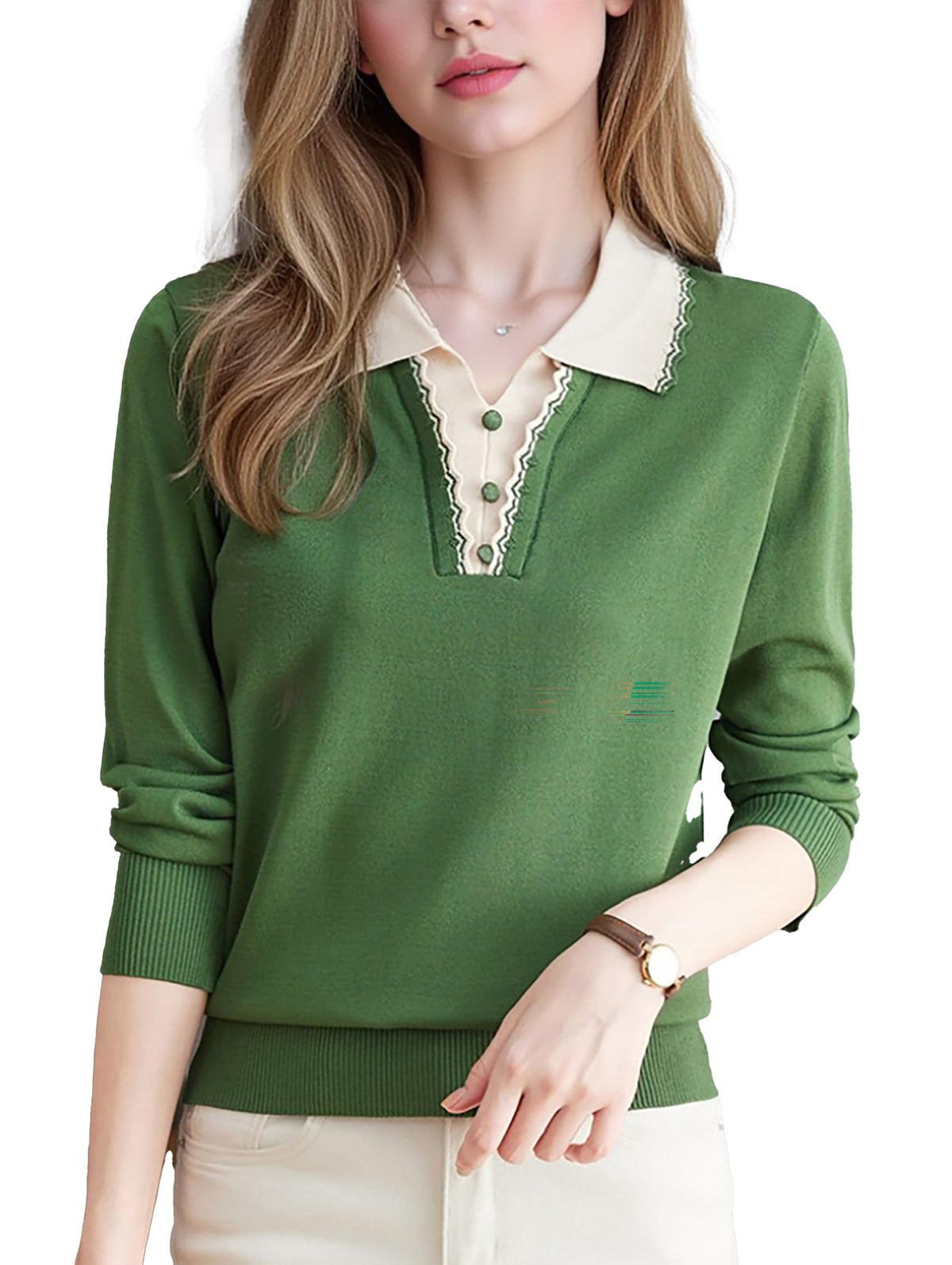 Women's Vintage Knit Top – Contrast Collar & Scalloped V-Neck