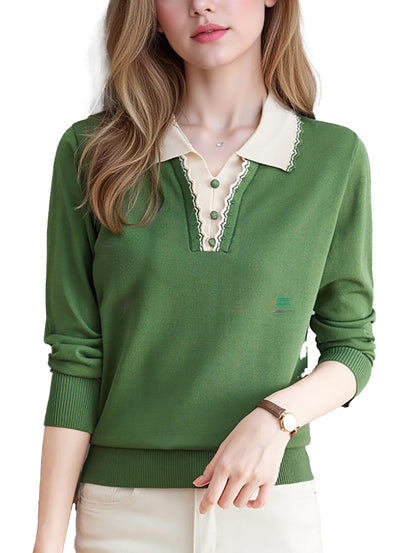 Women's Vintage Knit Top – Contrast Collar & Scalloped V-Neck