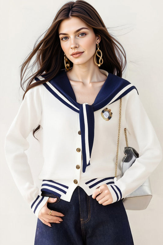 Women's Sailor Collar Long Sleeve Stripe Cardigan Sweater