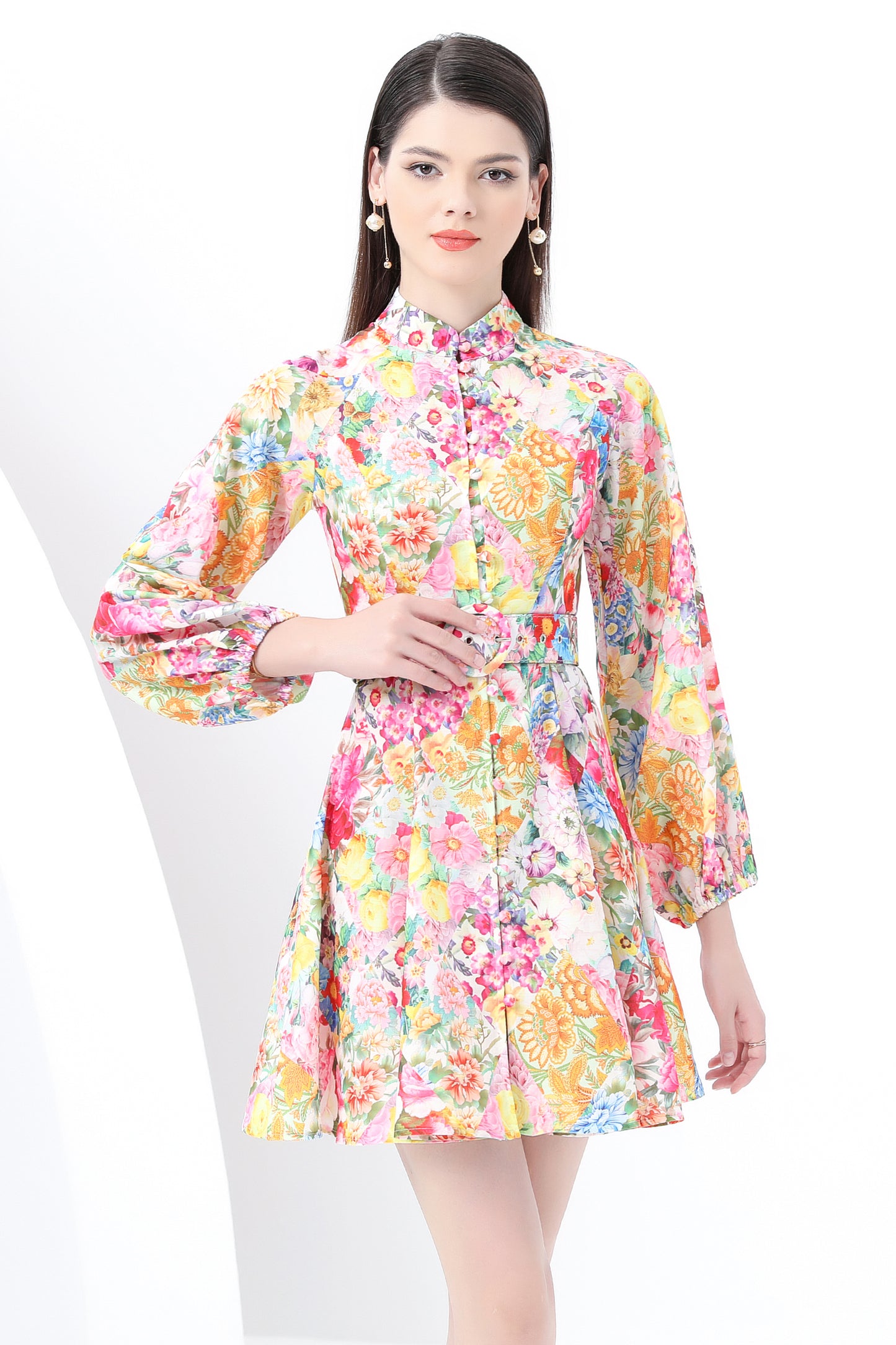 Women's Lantern Sleeve Floral Print Mini Dress