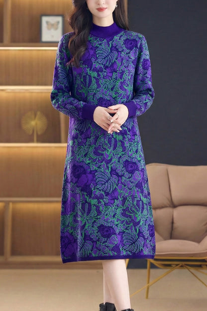 Women's Long Sleeve Knit Stretch Sweater Midi Dress