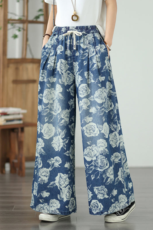 Women's Jeans Elastic Waist Wide Leg Denim Pants