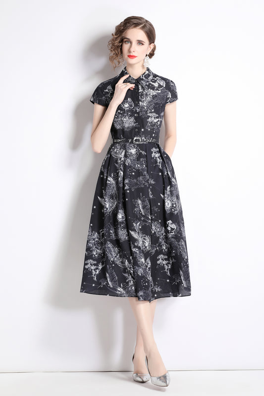 Women's Short Sleeves Printed Buttons Midi Dress
