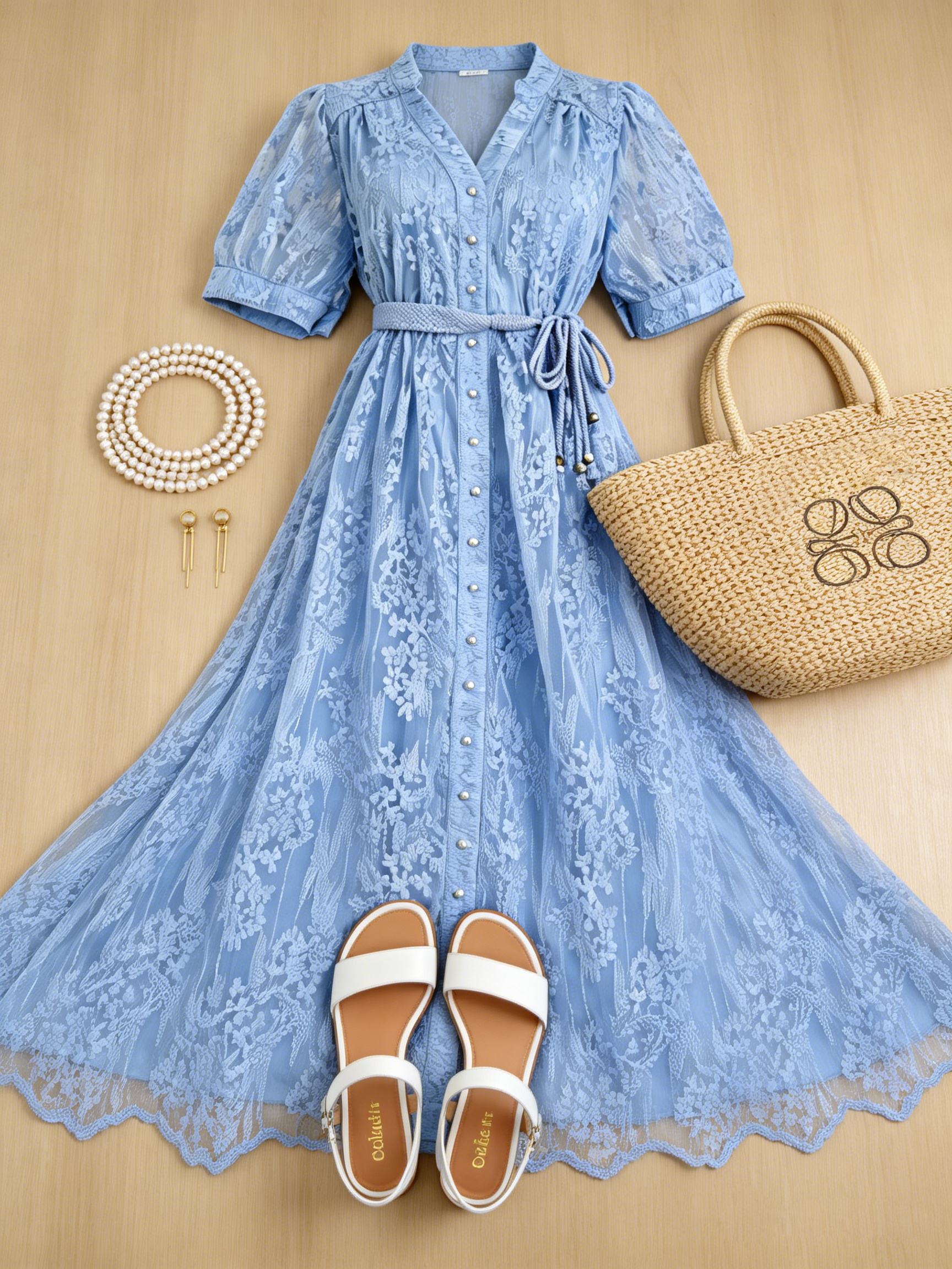 Blue Embroidered Mesh Puff Sleeve Summer Midi Dress - LAI MENG FIVE CATS