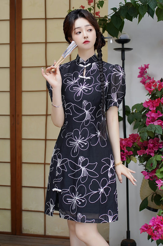 Women's Chinese Cheongsam Print Side Slit Mini Dress