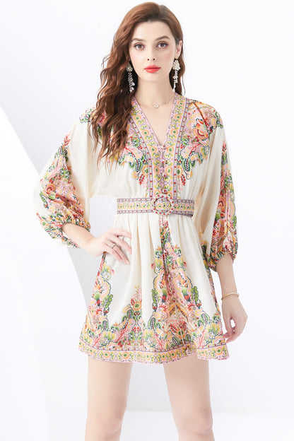 Women's V-Neck Floral Print Lantern Sleeve Mini Dress