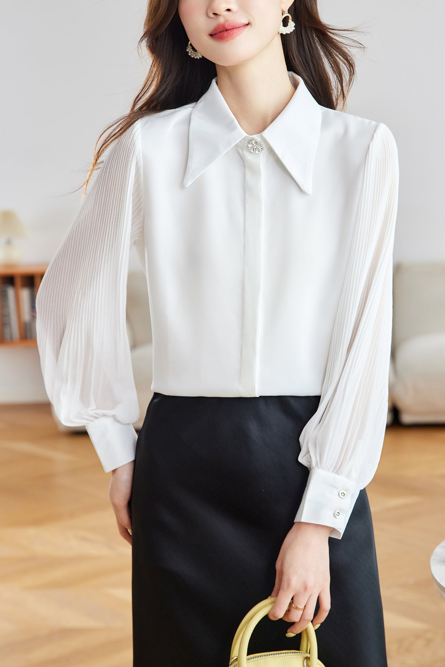 Women's V Neck Lantern Sleeve Blouse Button Tops