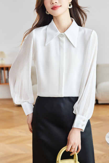 Women's V Neck Lantern Sleeve Blouse Button Tops