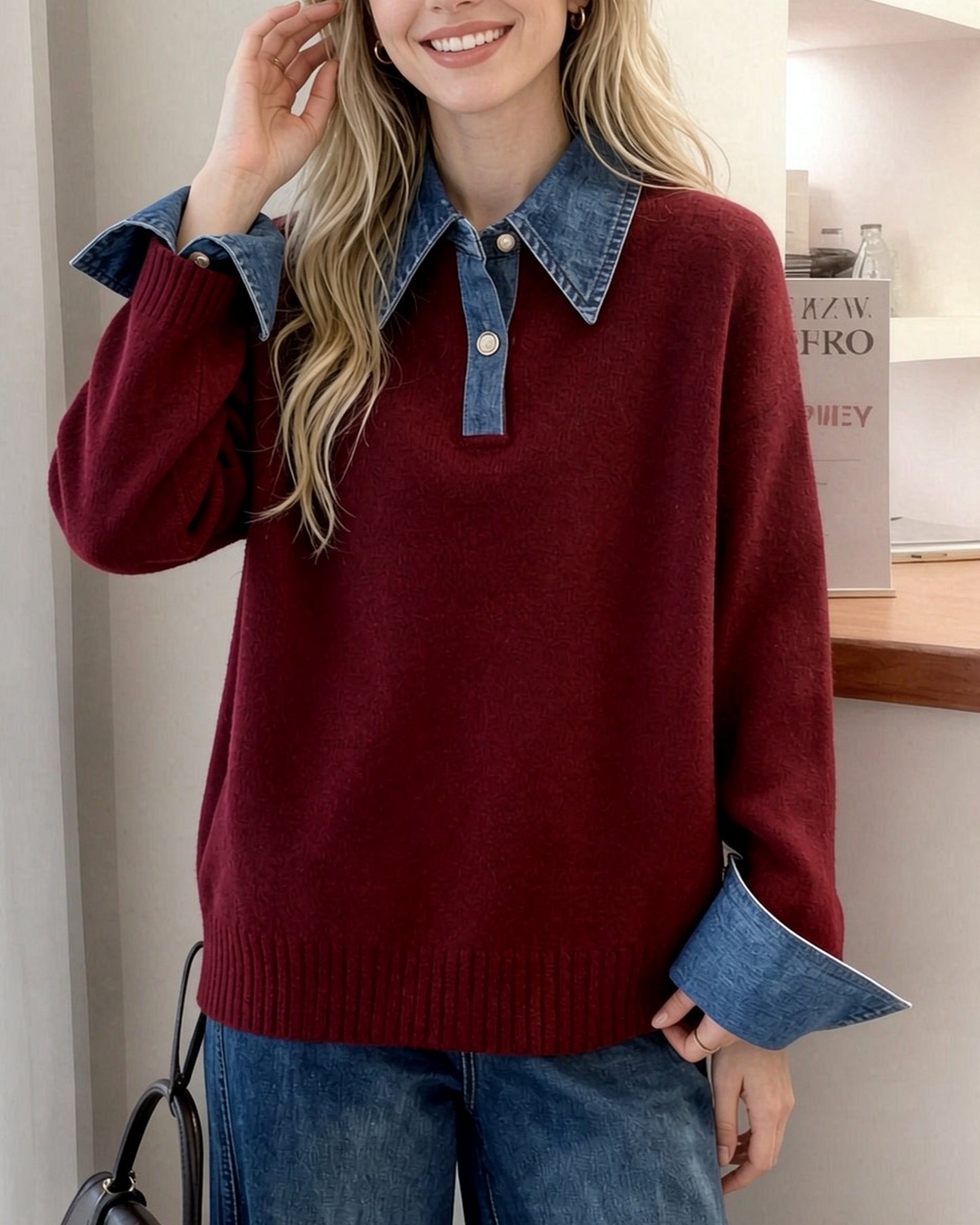 Denim Collar Color-Block Knit Sweater – Faux Two-Piece Long Sleeve Top - LAI MENG FIVE CATS