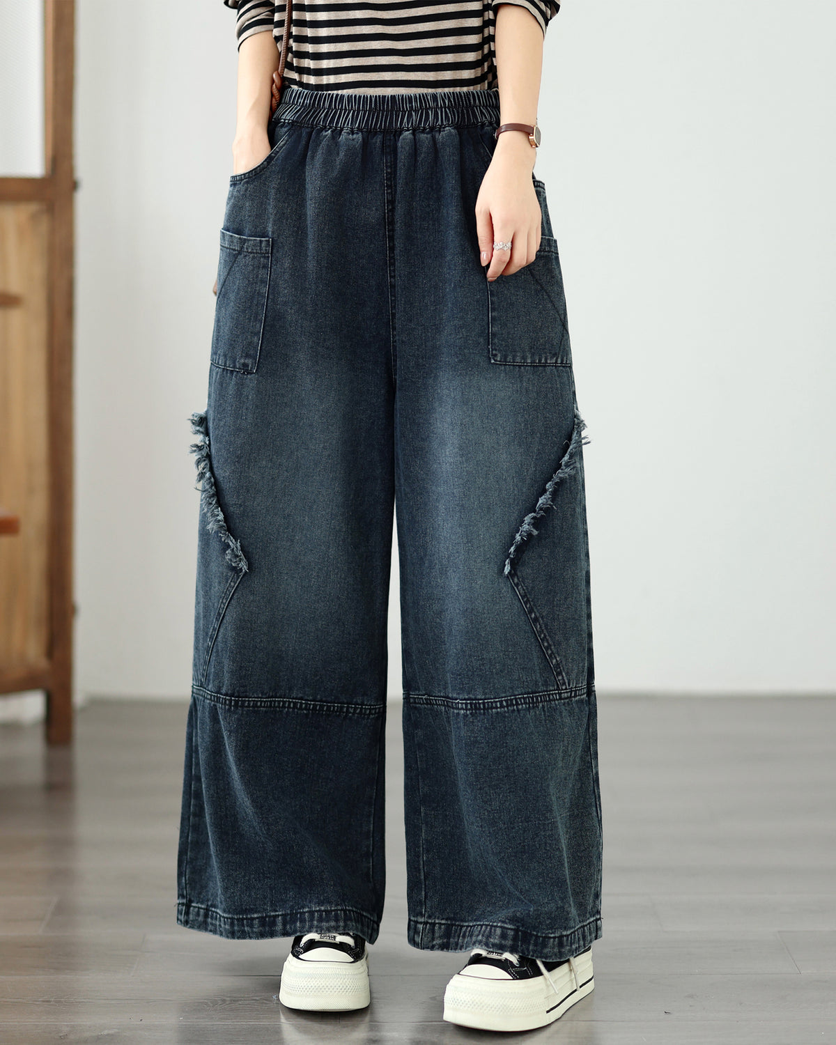 Vintage Denim Wide Leg Pants - Women's Patchwork Jeans Trousers