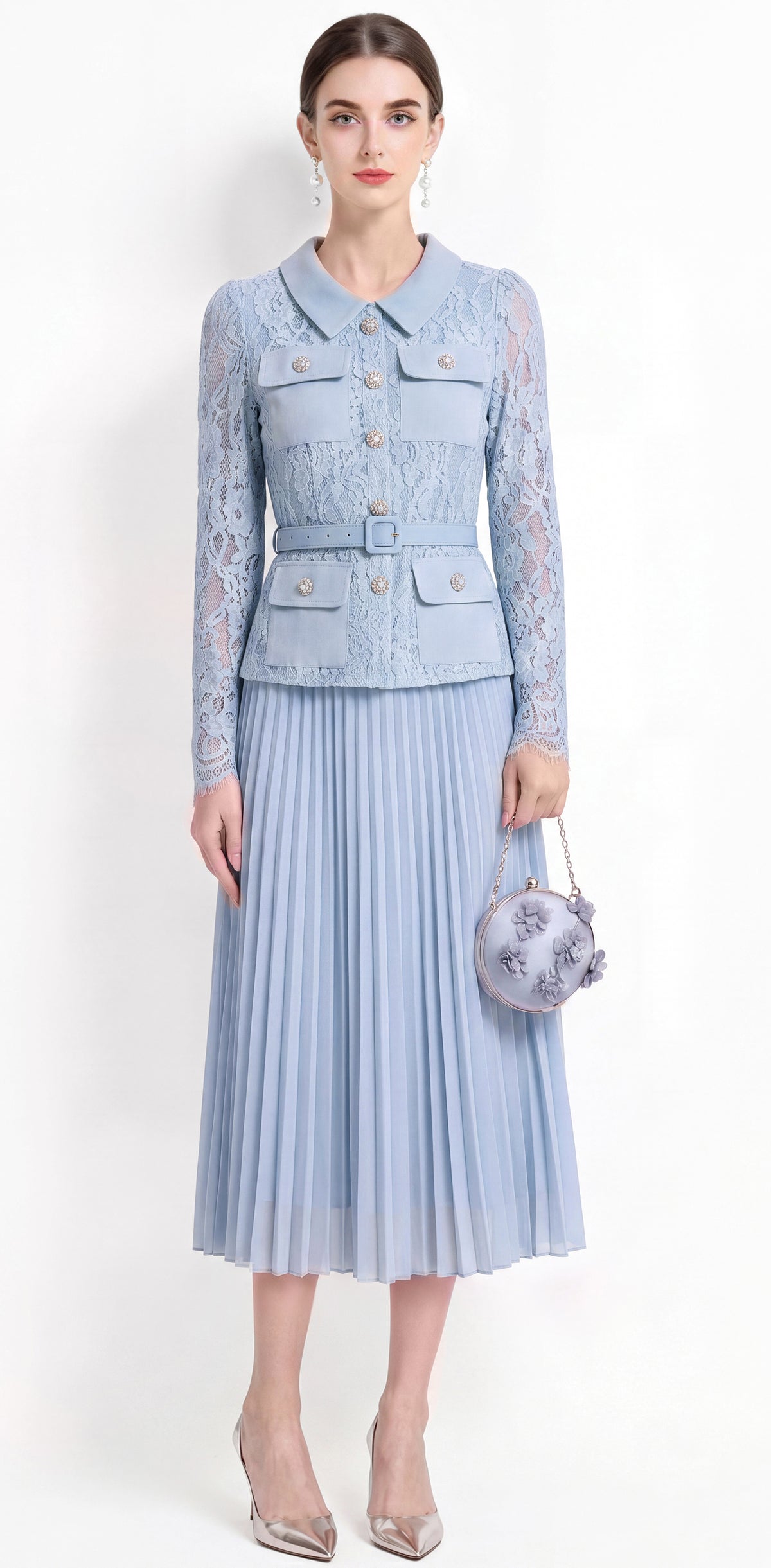 28729 Elegant Lace Pleated Midi Dress with Belt – 4 Colors