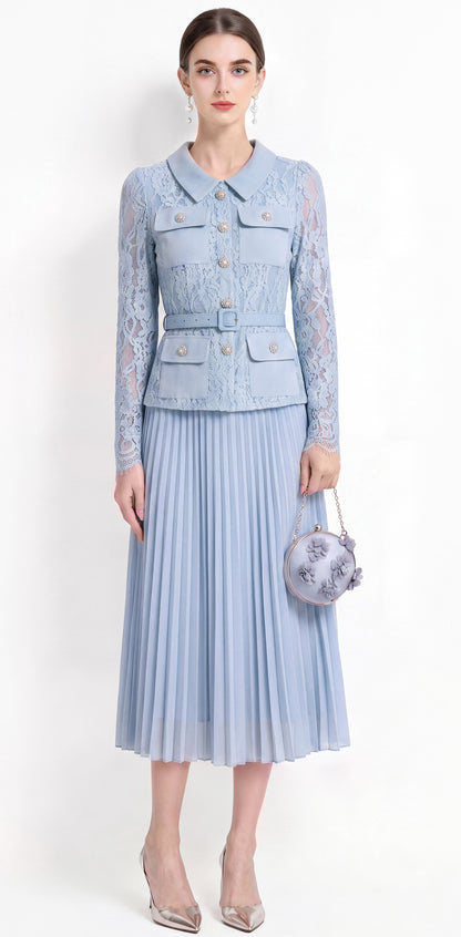 28729 Elegant Lace Pleated Midi Dress with Belt – 4 Colors