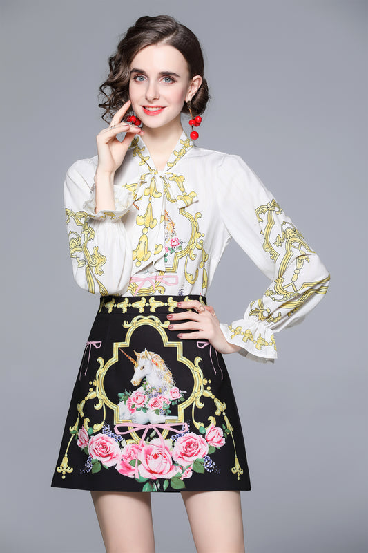 SSY-Women's 2 Piece Skirt Set Floral Tie V-neck Mini Dress