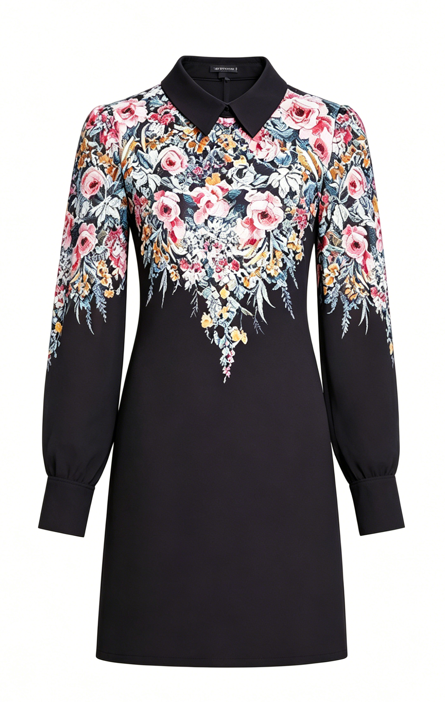 Black Floral Mini Dress with Chiffon Sleeves and Collar - LAI MENG FIVE CATS